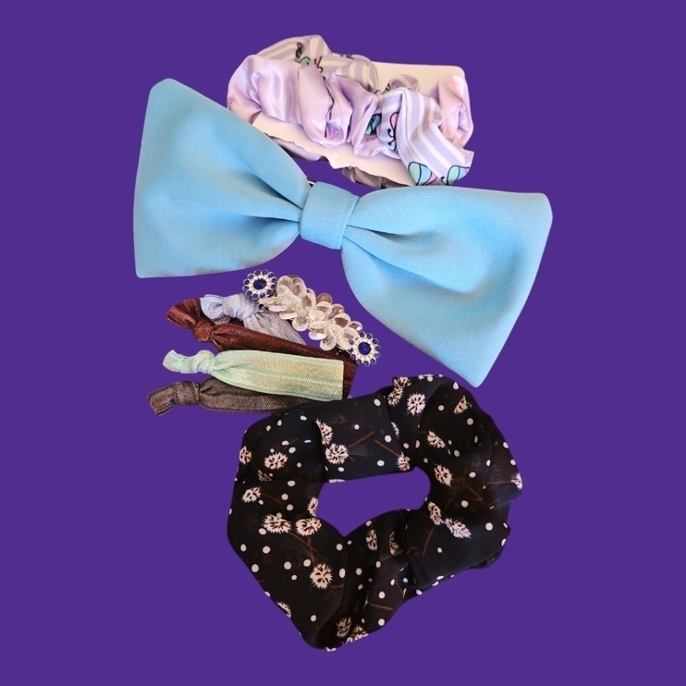 3/$20 Baby Blue Hair Bow Scrunchies and Small Beaded Barrette